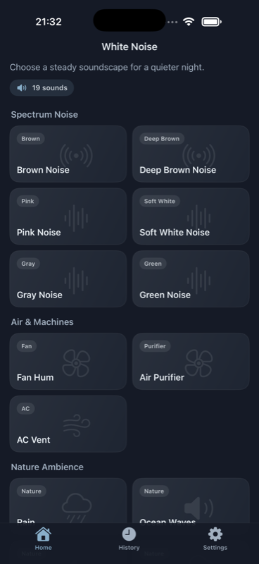 Unrush home screen with white-noise soundscapes