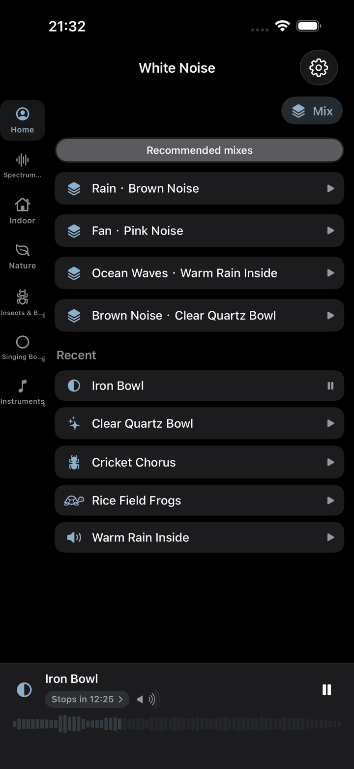 Unrush home screen with recommended mixes and recent sounds